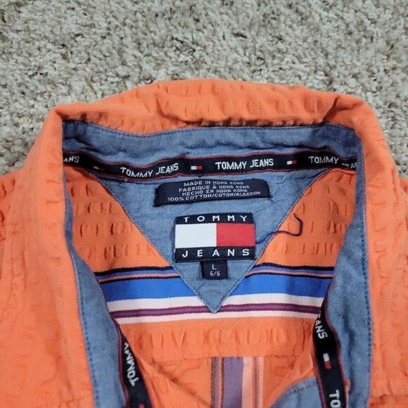 Tommy Hilfiger Shirt Mens Large Orange Seersucker Short Sleeve Striped Button Up - Picture 2 of 8